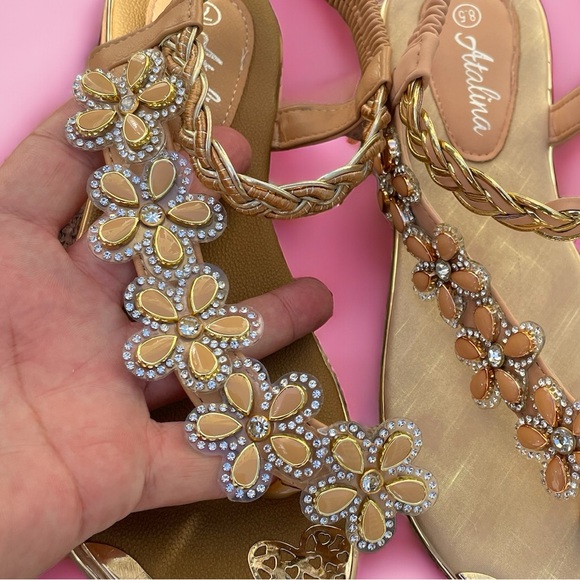 Italina Tan Floral Gold Metallic Braided Rhinestone Low Heeled Sandal - Picture 2 of 7